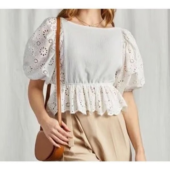 White Eyelet Top with Balloon Sleeves - Picture 1 of 10